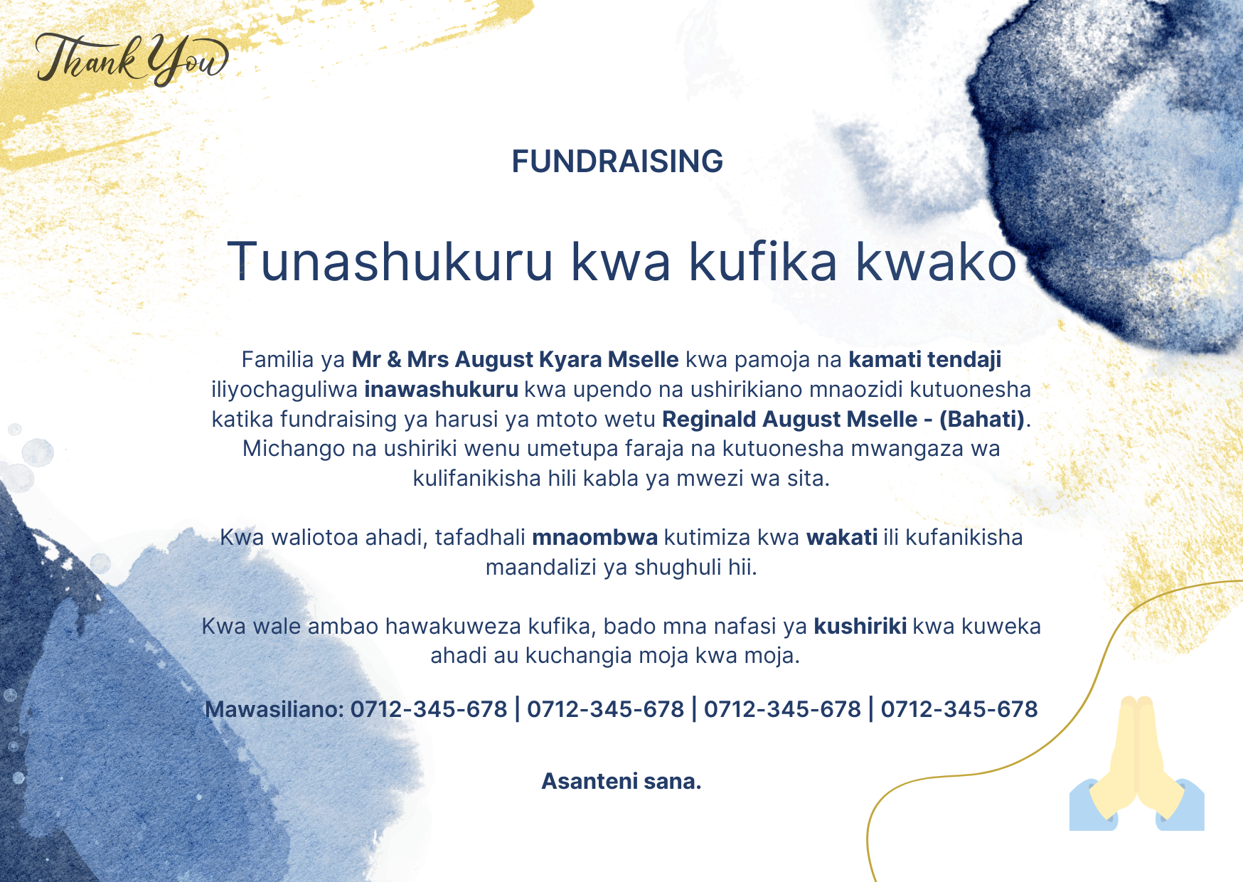Bahati fundraising thank-you message card